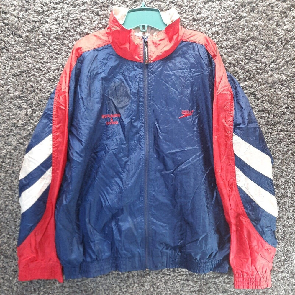Vintage‎ Speedo Windbreaker Jacket Adult Large Blue Red LCHS Swimming Diving